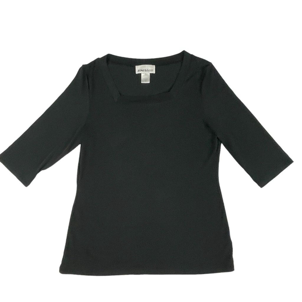 Jones & Co Shirt Womens Large Black 3/4 Sleeve Square Neck Pullover